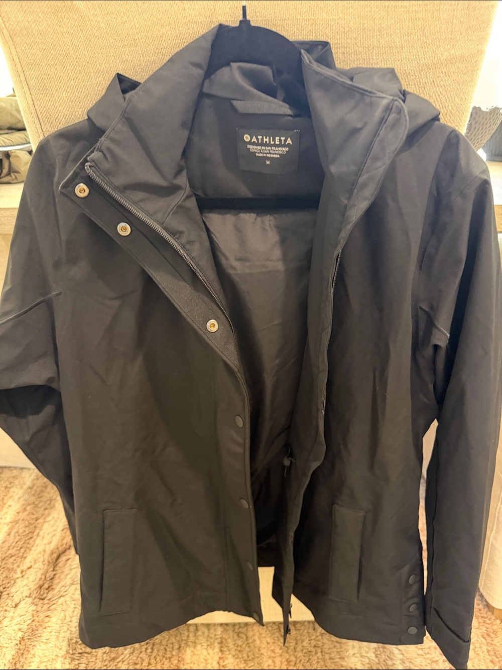 Athleta Men's Black Hooded Raincoat with Snap & Zip Closure